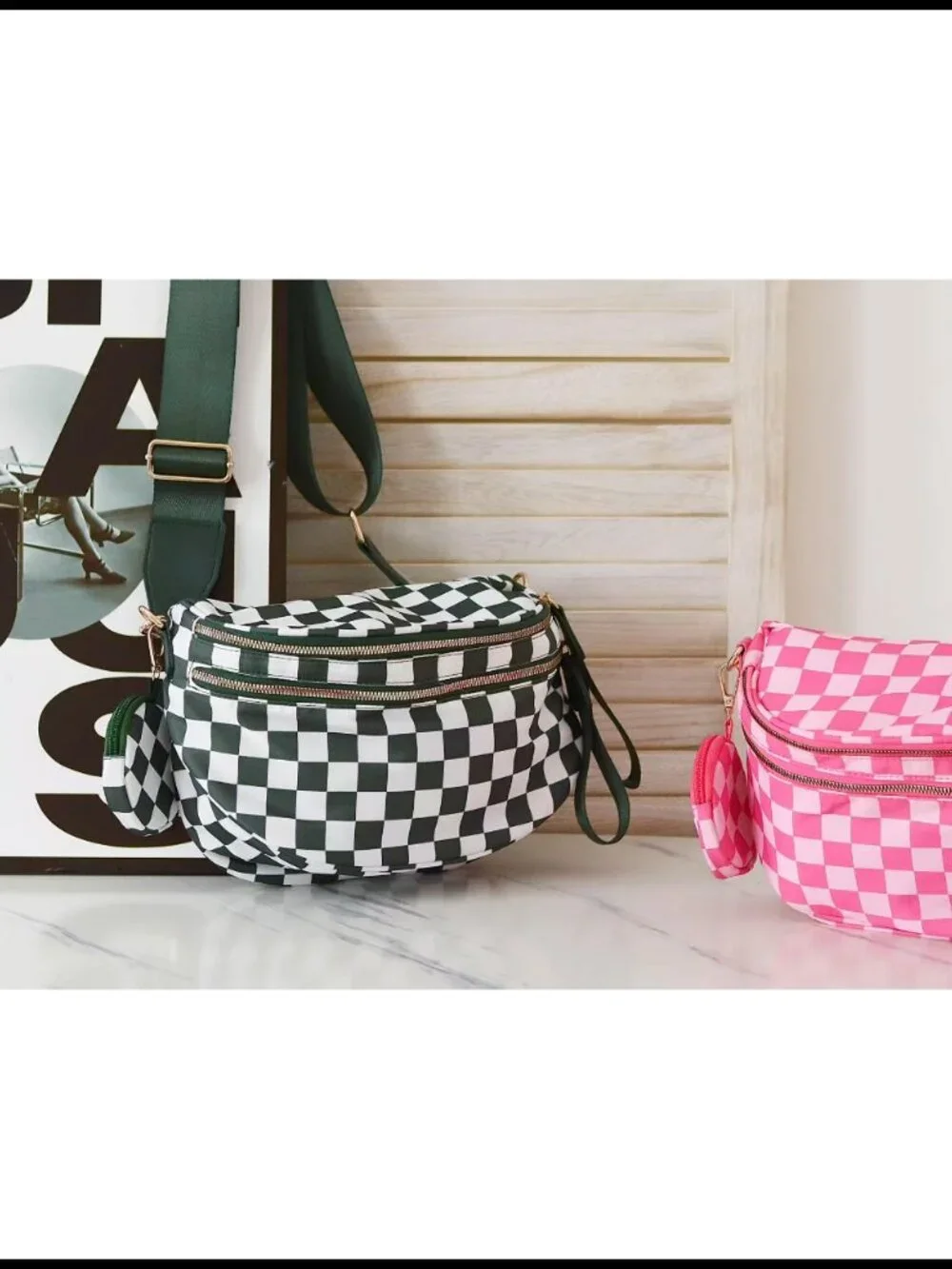 Nylon Crossbody Sling Bag Checkered Pattern Adjustable Strap Large Capacity